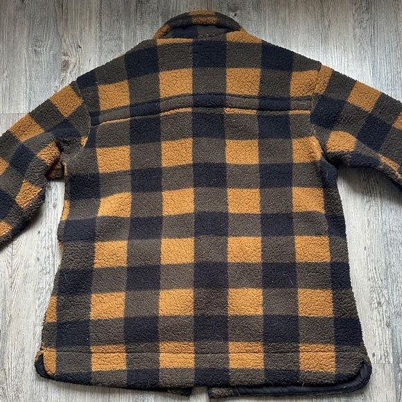 Lee Womens Button Front Sherpa Fleece Jacket Black Orange Plaid Size L - Picture 2 of 8